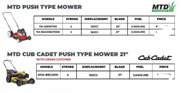MTD. Push. Type & CuB cadet push type Mower (Category: Industrial Equipment) located in Manila. Submitted by charles_merchandise (Listing ID 1420949587, Image 1). Description: MTD. Push. type. Mower Model : 11A 020W700 Model : 11A B2A3360/9325 MTD. CUB. CADET Push type. Mower Model : #11A-B92C-2010 pm. me. txt. and call. cel no. 09228027619 landline. no. 88066239.