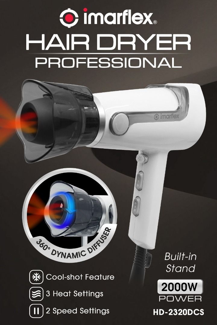 Professional Hair Dryer (Category: Hair) located in Manila. Submitted by yourimarflexdealer (Listing ID 1421068812, Image 3). Description: "- Professional Hair Dryer - 360 Degrees Dynamic Diffuser - Built-in Stand - Cool-shot Feature - 3 Heat Settings - 2 Speed Settings - 2000 Watts" HD-2320DCS.