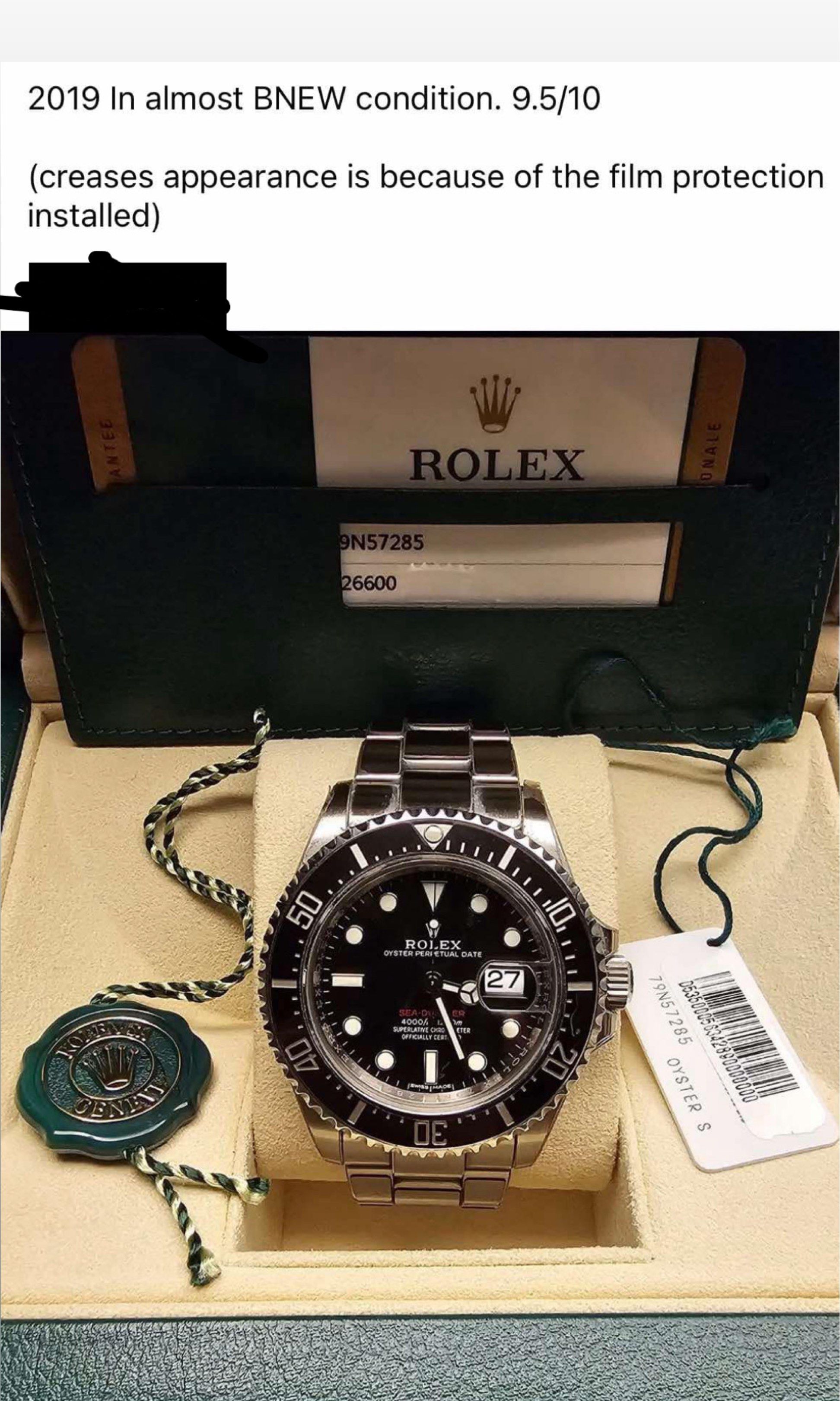 Rolex Sea dweller Date 116610LN (Category: Luxury Watches) located in Quezon City. Submitted by caryscornermnl (Listing ID 1421007216, Image 1). Description: - 2019 Rolex Submariner Date - Condition: 9.5/10 (Almost New) - Dial: Black - Bracelet: Stainless Steel - Includes: Original box and papers - Note: Creases are from protective film..