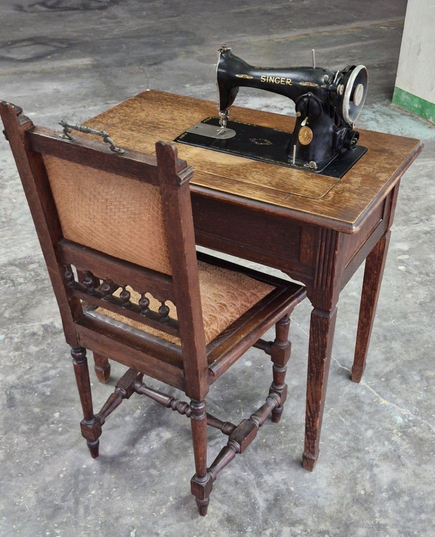 Singer Sewing Machine with Table and Chair (Category: Other Home Appliances) located in Marikina City. Submitted by boysel (Listing ID 1421059991, Image 2). Description: - Vintage Singer 15K sewing machine - Manufactured in 1936 - Motorized - Includes wooden table with drawer, made from oak - Comes with chair - Original accessories included: box, power cord, manuals - Serial number: EA492832 - Good working condition - Produced in Scotland, UK - C
