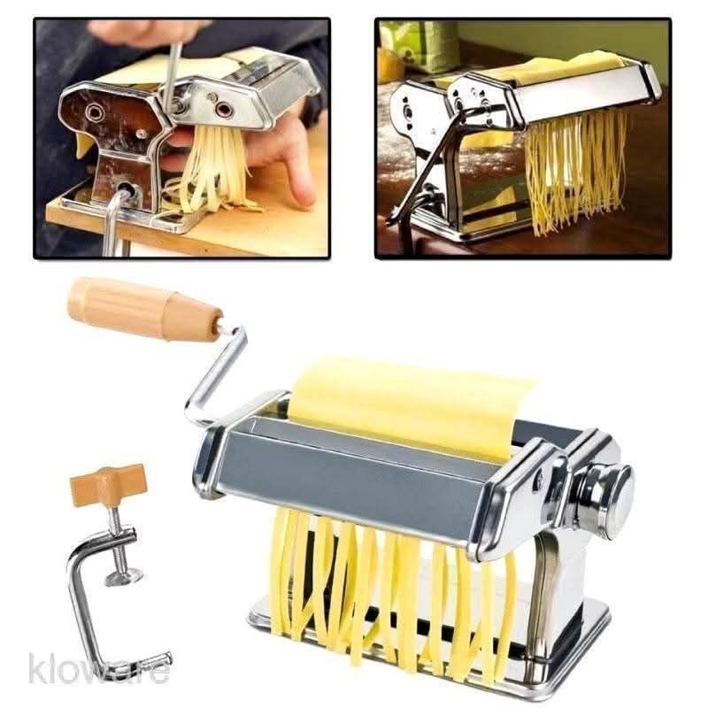 Stainless Steel Pasta Maker 180mm (Category: Other Kitchenware & Tableware) located in Manila. Submitted by yzlshop (Listing ID 1420964260, Image 2). Description: - Stainless steel pasta maker - Includes hand crank for easy operation - Features a clamp for secure table mounting - Creates both flat pasta sheets and spaghetti noodles.