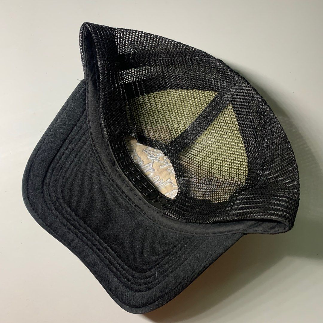 Statement Trucker Cap Take the Risk (Category: Caps & Hats) located in Pasig City. Submitted by paymelikelandlord (Listing ID 1420957432, Image 3). Description: Statement Black and gray trucker cap with embroidered text. Features a black brim, gray front panel with white and red embroidered text, and a black mesh back. The text reads "Take the Risk or Lose the Chance". The cap has an adjustable snapback closure..