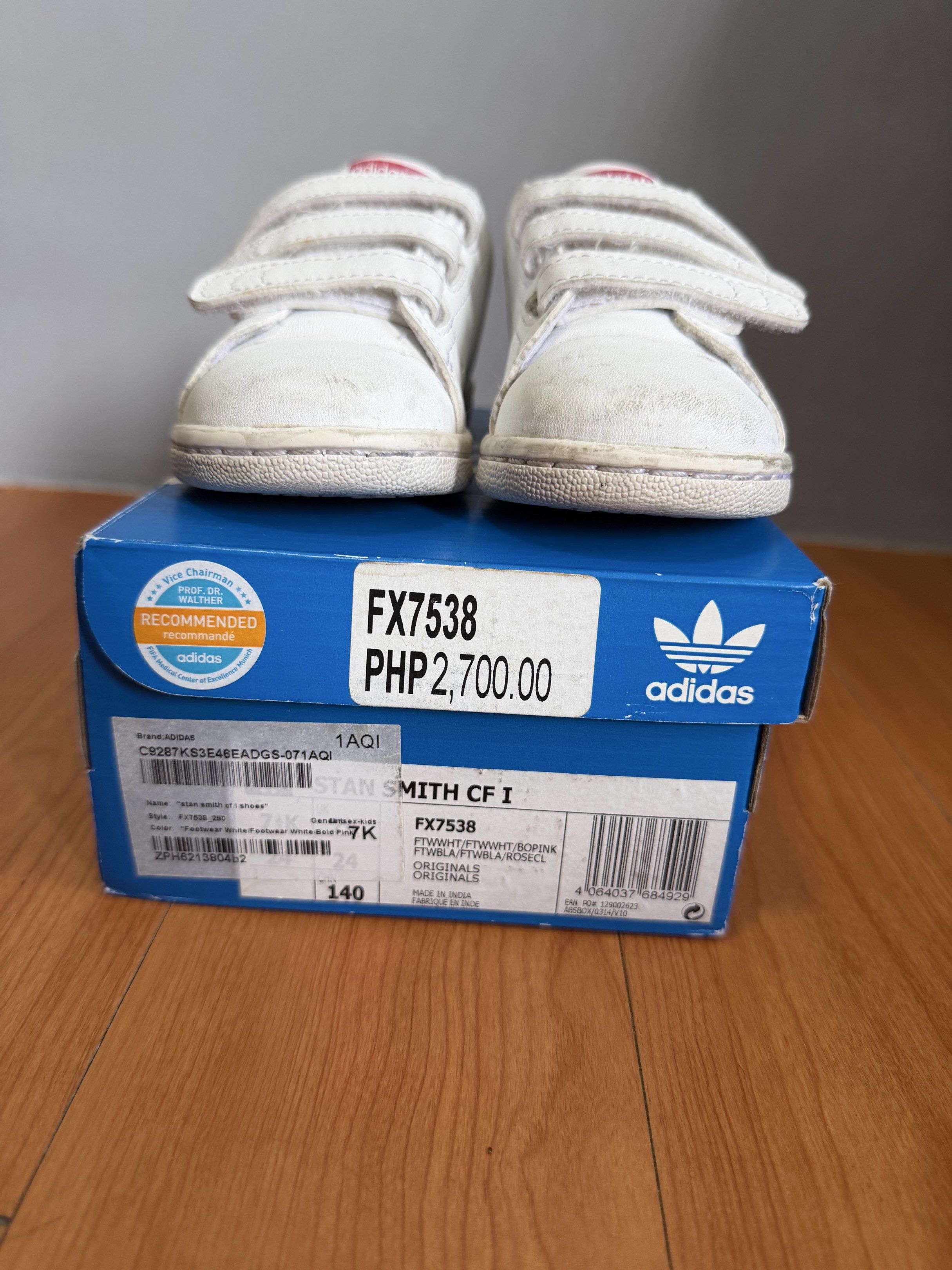 Toddler Adidas Stan Smith CF I - White/Pink (Category: Babies & Kids Fashion) located in Manila. Submitted by qfayeeeee (Listing ID 1421014849, Image 2). Description: - Adidas Stan Smith CF I toddler shoes - Color: White with pink accents - Size: 7.5 US - 6" insole - Features: Hook-and-loop straps for easy on/off - Includes original box - Model: FX7538 .