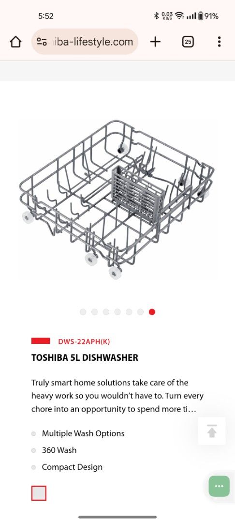 Toshiba Dishwasher (Category: Dishwasher) located in Quezon City. Submitted by hamsterdad (Listing ID 1421034250, Image 3). Description: List Price: P22,995 Model: DWS-22APH(K) 💵 5-liter capacity ✅ Multiple wash options (30 min, 60 min, 120 min) ✅ 360 wash feature (top & bottom sprayers, hot air > 60 celcius) 📐Compact design : 420 mm (W) x 435 (H) x 435 (D) 💧Washing Capacity (as published): 22 pcs soup bowls x 2 rice bowls x 3 dish x 4 soy sau
