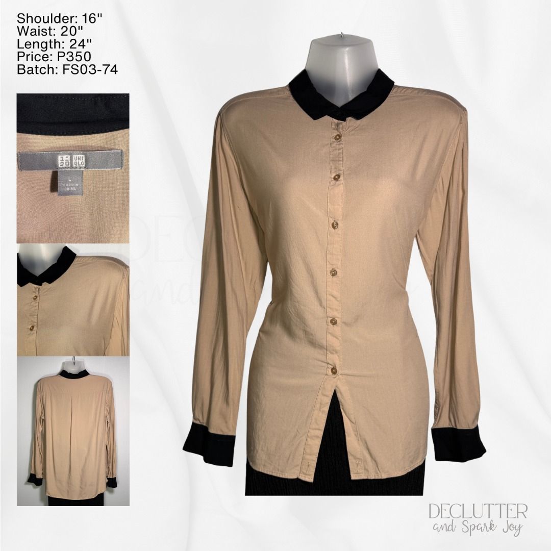 Uniqlo Beige Rayon Button Up with Black Trim (Category: Blouses) located in Bagabag. Submitted by decluttersparkjoy (Listing ID 1420976617, Image 1). Description: Uniqlo Beige Rayon Button Up with Black Trim Size on tag: L Please refer to the photos for flat-lay measurements. The item is authentic and in good condition with no major issues. Please note that it may have been stored for an extended period; washing before use is recommended. By plac