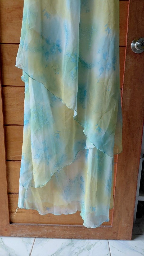 Vintage asymmetrical dress (Category: Dresses) located in Koronadal. Submitted by shetries (Listing ID 1421088000, Image 3). Description: Yellow, blue, and green - Sleeveless design - Lightweight and flowy fabric - Long, layered style woth inner lining - no flaws .