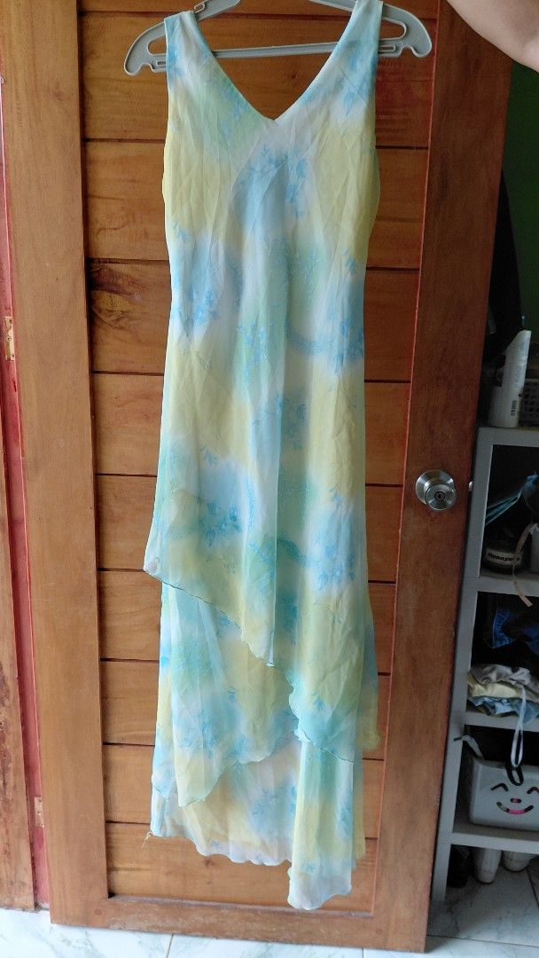 Vintage asymmetrical dress (Category: Dresses) located in Koronadal. Submitted by shetries (Listing ID 1421088000, Image 2). Description: Yellow, blue, and green - Sleeveless design - Lightweight and flowy fabric - Long, layered style woth inner lining - no flaws .