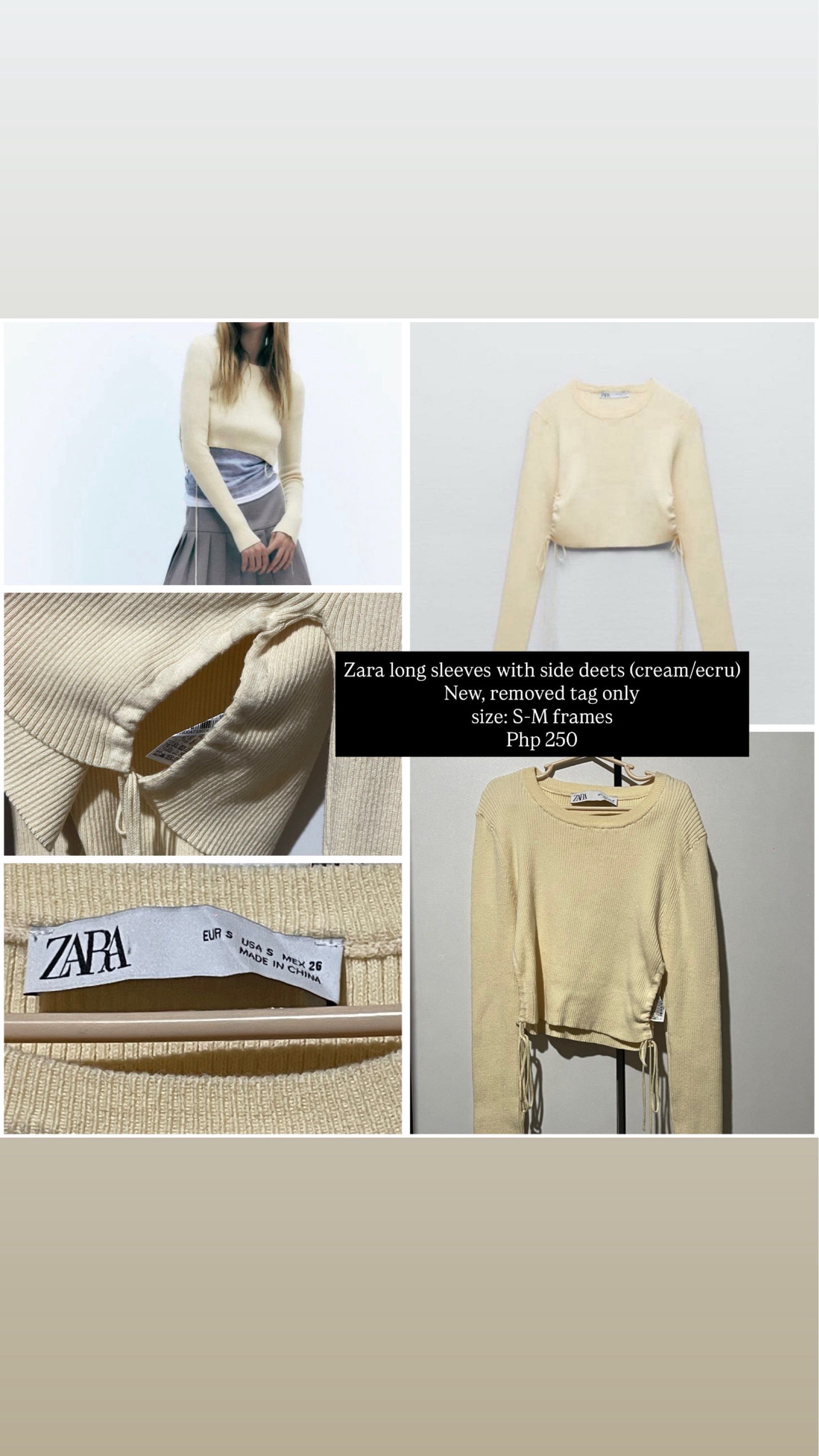 Zara Long Sleeve Top with Side Details (Category: Blouses) located in Pasay City. Submitted by declutternstuff_yo (Listing ID 1420977500, Image 1). Description: - Zara long sleeve top - Color: Cream/Ecru - Size: S-M - Features side details - Tag removed - Perfect for casual wear - Made in China.
