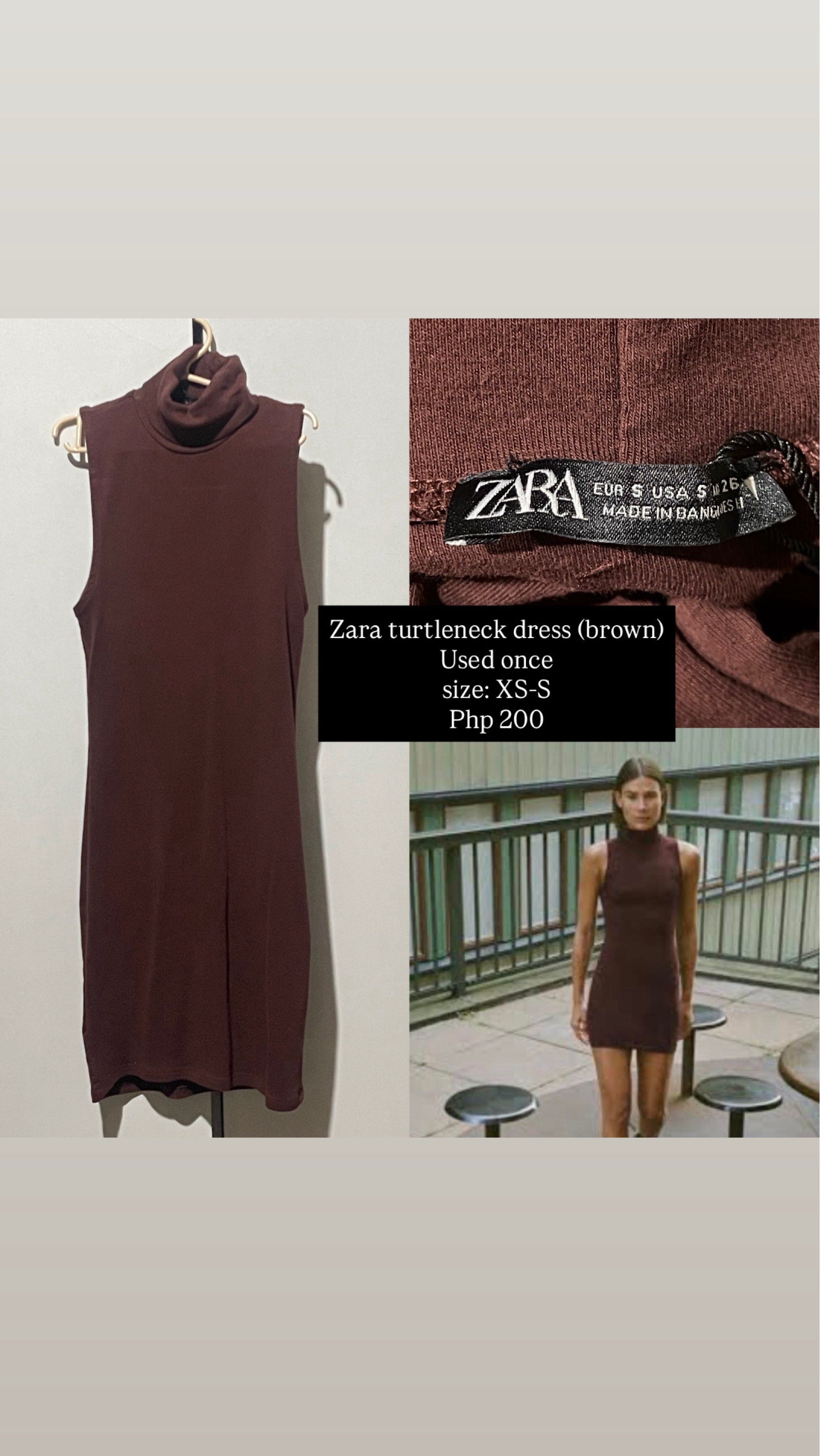 Zara Turtleneck Dress - Brown (Category: Dresses) located in Pasay City. Submitted by declutternstuff_yo (Listing ID 1420978094, Image 1). Description: - Zara turtleneck dress in brown - Sleeveless design - Size: XS-S - Condition: Worn once - Perfect for casual or semi-formal occasions - Made in Bangladesh.