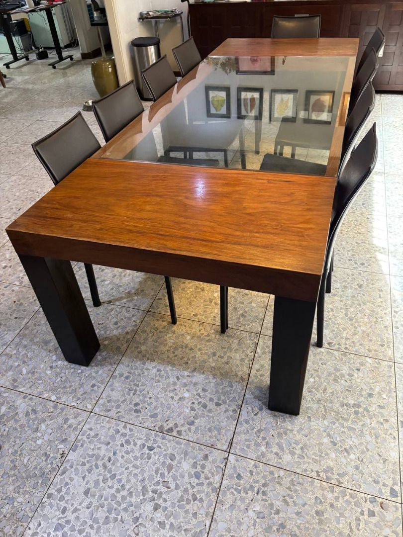 10-12 Seater Dining Table - Solid Narra Slab Top with Solid Kamagong Legs (Category: Tables & Sets) located in Quezon City. Submitted by robbie923 (Listing ID 1421193070, Image 3). Description: Dining Table 10-12 seater solid Narra slab top with solid Kamagong legs with inset tempered glass top * chairs not included * negotiable Dimensions: 300 cm L x 110 cm W x 76 cm H (30 in H) -------- QC Area Payment: BPI (preferred) / GCash / payment on pick