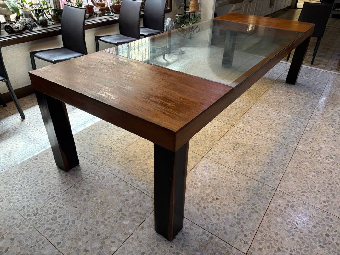10-12 Seater Dining Table - Solid Narra Slab Top with Solid Kamagong Legs (Category: Tables & Sets) located in Quezon City. Submitted by robbie923 (Listing ID 1421193070, Image 2). Description: Dining Table 10-12 seater solid Narra slab top with solid Kamagong legs with inset tempered glass top * chairs not included * negotiable Dimensions: 300 cm L x 110 cm W x 76 cm H (30 in H) -------- QC Area Payment: BPI (preferred) / GCash / payment on pick