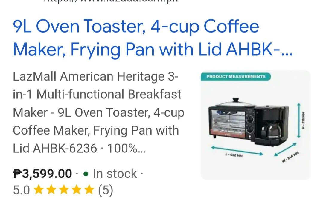 3in1 Breakfast Maker (Category: Coffee Machines & Makers) located in Manila. Submitted by martinascorner (Listing ID 1421119933, Image 3). Description: Still sealed. being sold for 3,500 selling for 2,800 only. Brand New. kindly see pictures posted for the description. pick up location: Teachers Village Q.C or Pedro Guevarra in Manila ✅ALL SALES ARE FINAL. .