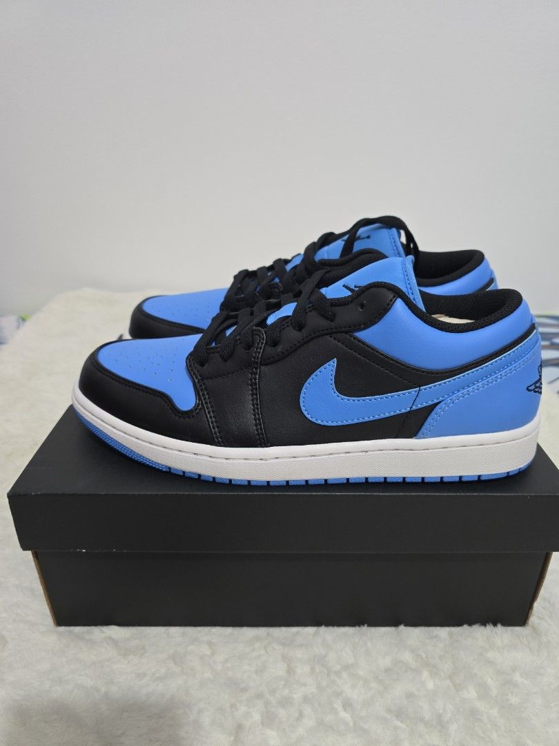 Air Jordan 1 Low - University Blue (Category: Sneakers) located in Quezon City. Submitted by simonpeterang (Listing ID 1421122981, Image 1). Description: - Air Jordan 1 Low - Colorway: University Blue and Black - Size: 10 - Includes original box - Iconic Jordan wings logo on the heel - Blue toe box, side panels, and heel - Black overlays and laces - White midsole - Blue outsole Price: 3800 php.