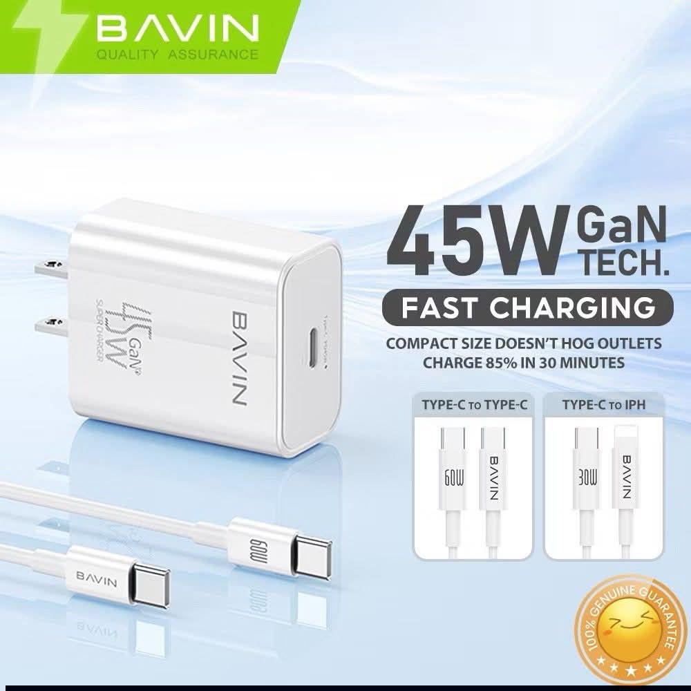 Bavin 45W GaN Fast Charging Charger (Category: Chargers & Cables) located in Manila. Submitted by iliasjen (Listing ID 1421256235, Image 1). Description: - Bavin 45W GaN Charger - Fast charging: Charges up to 85% in 30 minutes - Type-C port - Compatible with Android and iPhone - Stays cool during charging - Includes a 60W Type-C to Type-C cable or a 30W Type-C to IPh cable 🌟For Type C-Reseller：680 For IOS-Reseller：700 ￼Original BAVIN PC2066 GaN 