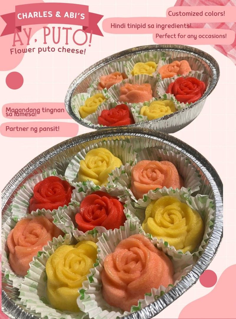 Charles & Abi's Flower Puto and Cheese (Category: Homemade Bakes) located in Marikina City. Submitted by abiabiabi05 (Listing ID 1421262407, Image 2). Description: - Charles & Abi's Flower Puto Cheese! - Beautiful flower-shaped puto. - Made with quality ingredients. - Perfect for any occasion. - Great with pansit. - Available in customized colors. - Made with care and attention to detail..