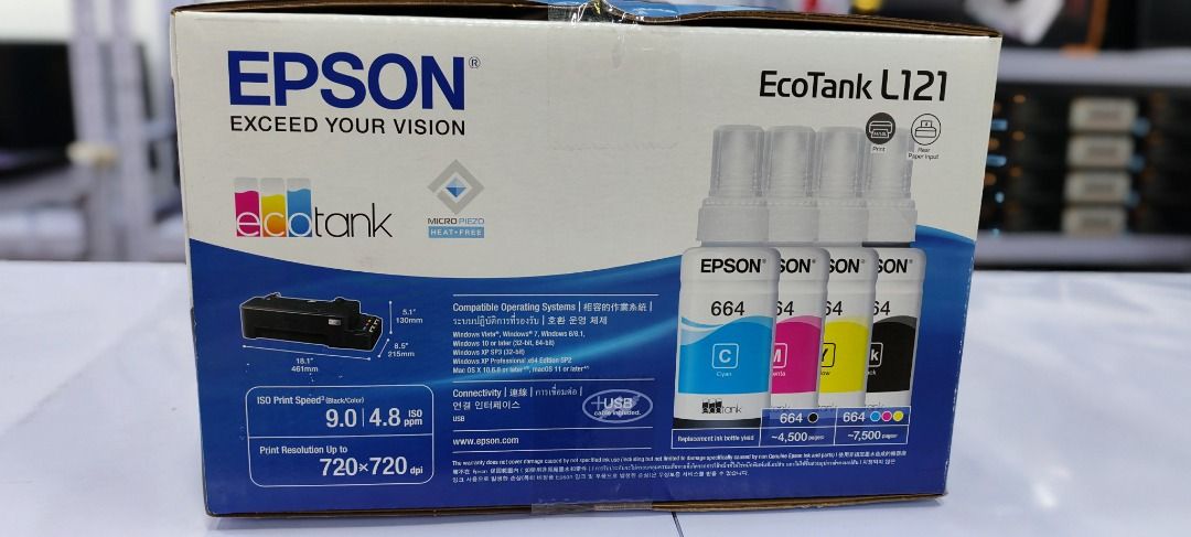 Epson L121 Printer (Category: Printers, Scanners & Copiers) located in Cavite. Submitted by dwelancas79880 (Listing ID 1421160140, Image 2). Description: Key Features: Print only function – simple at reliable EcoTank ink system – tipid at mataas ang page yield Rear paper input – madaling mag-load ng papel Durable printhead – pangmatagalan ang performance Kasama na ang ink bottles sa box.