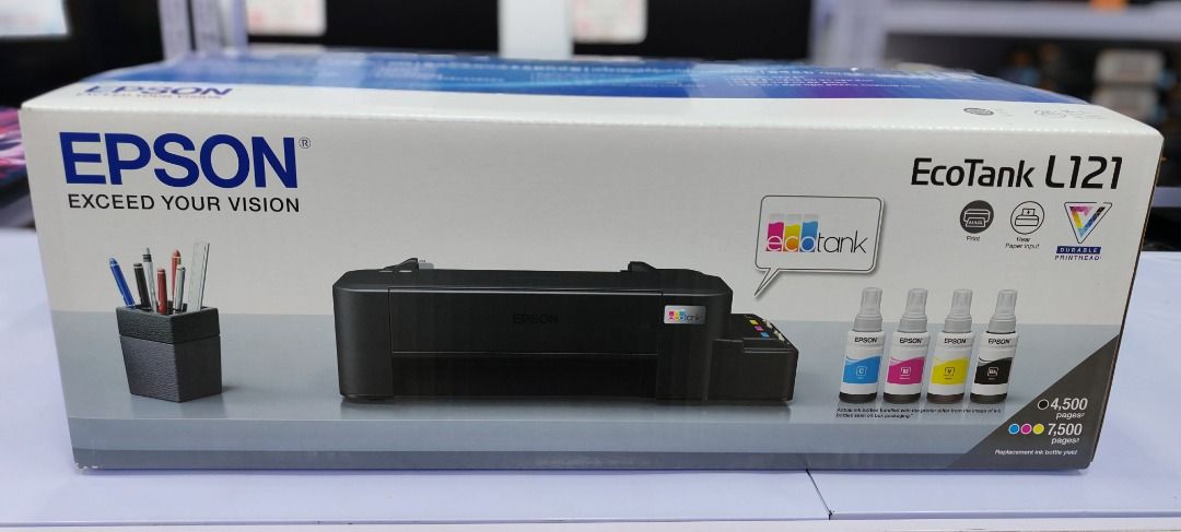 Epson L121 Printer (Category: Printers, Scanners & Copiers) located in Cavite. Submitted by dwelancas79880 (Listing ID 1421160140, Image 1). Description: Key Features: Print only function – simple at reliable EcoTank ink system – tipid at mataas ang page yield Rear paper input – madaling mag-load ng papel Durable printhead – pangmatagalan ang performance Kasama na ang ink bottles sa box.