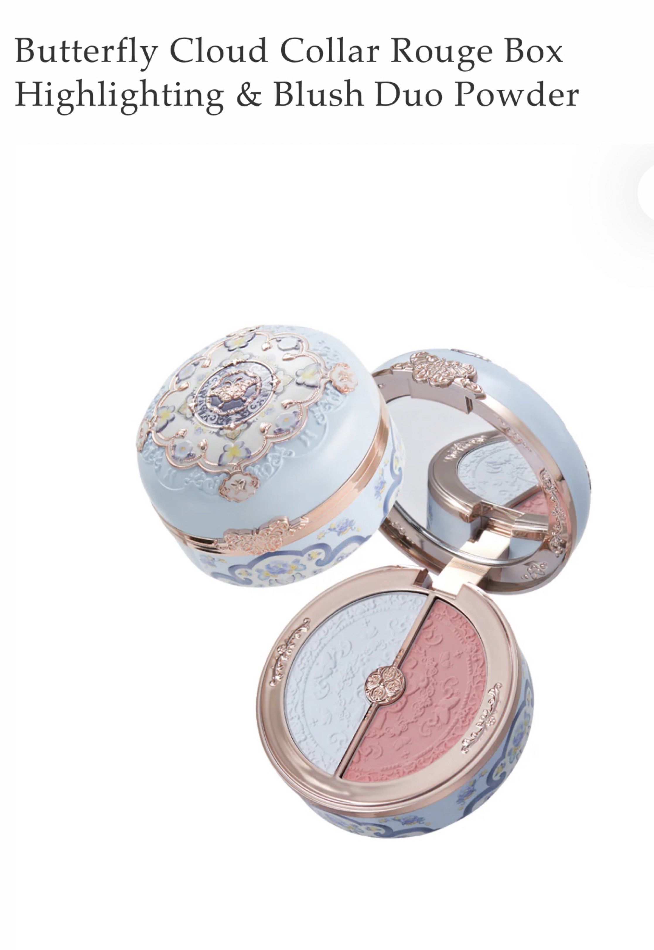 Flower Knows Butterfly Cloud Collar Rouge Box (Category: Makeup) located in Davao. Submitted by gazellesrackph (Listing ID 1421154531, Image 3). Description: Original 💯Flower Knows Butterfly Cloud Collar Rouge Box. It is a highlighting and blush duo powder in the shade 02 Seaborne Moon. The compact has a beautiful design with a mirror and a butterfly clasp. The blush and highlighter are in a round, decorative case. The total weight is 6g..