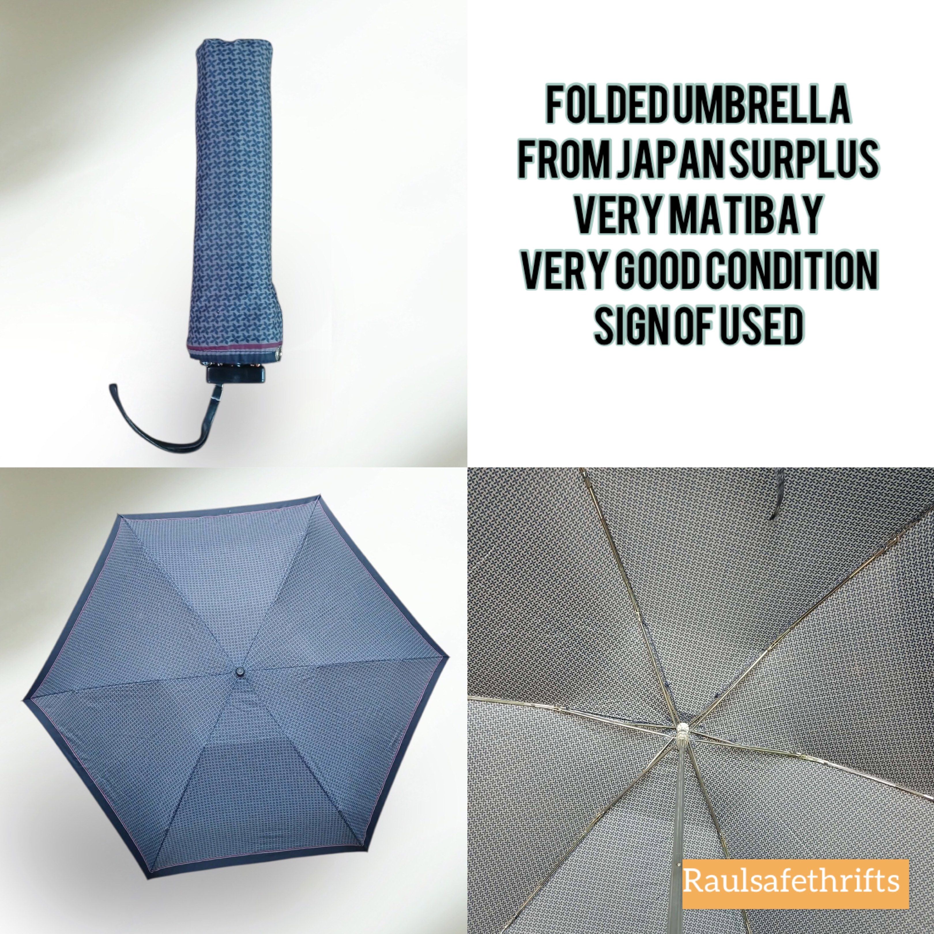 Folded Umbrella from Japan Surplus (Category: Umbrellas) located in Montevista. Submitted by rdthriftshub (Listing ID 1421222004, Image 1). Description: - Japanese surplus umbrella - Foldable and compact design - Features a blue pattern - Very durable.