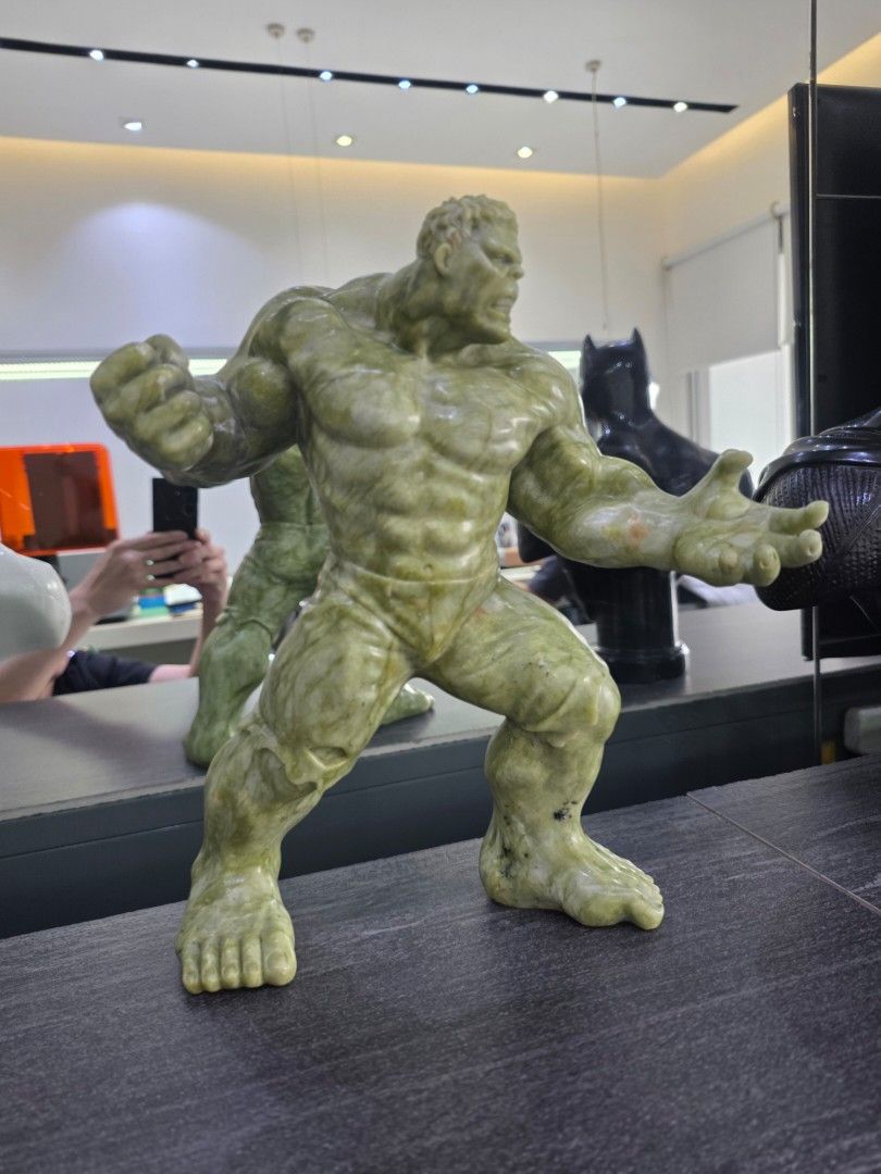 Hand Carved Hulk Statue in Solid Jade Green Marble (Category: Vintage Collectibles) located in Mandaluyong City. Submitted by lbear29 (Listing ID 1421128878, Image 3). Description: Hand carved from a single block of marble with exceptional details - Collector's - One of a kind Marble fan art - Hulk statue in a dynamic pose - Detailed muscle definition - Intricate facial expression - Perfect for display Size: 16" x 14.5" Weight: 12.6 kg.