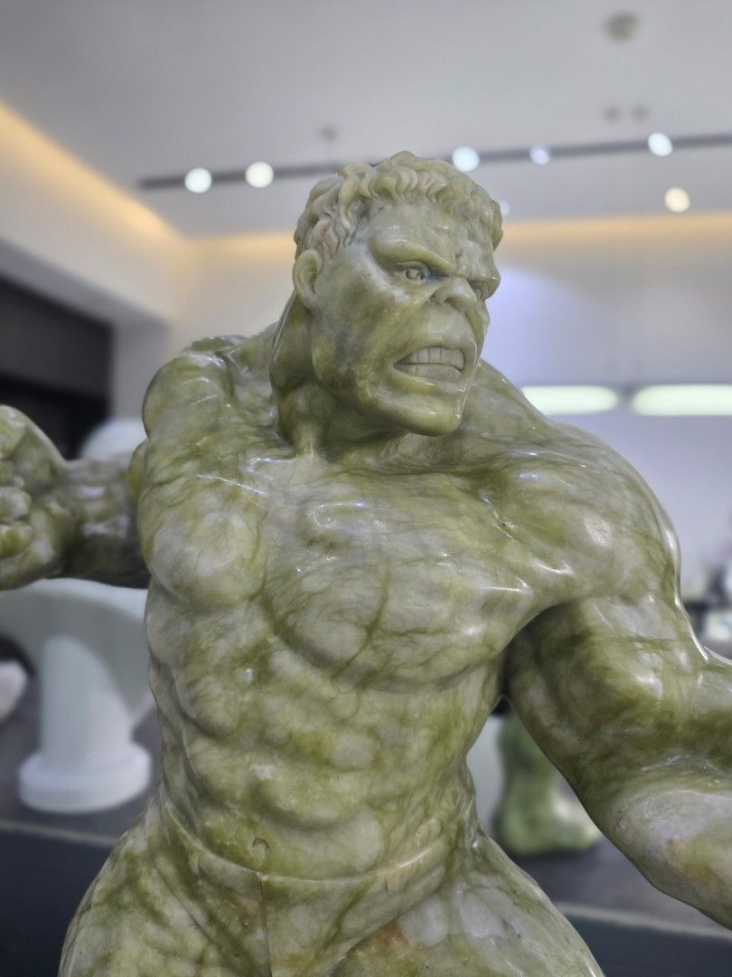 Hand Carved Hulk Statue in Solid Jade Green Marble (Category: Vintage Collectibles) located in Mandaluyong City. Submitted by lbear29 (Listing ID 1421128878, Image 2). Description: Hand carved from a single block of marble with exceptional details - Collector's - One of a kind Marble fan art - Hulk statue in a dynamic pose - Detailed muscle definition - Intricate facial expression - Perfect for display Size: 16" x 14.5" Weight: 12.6 kg.