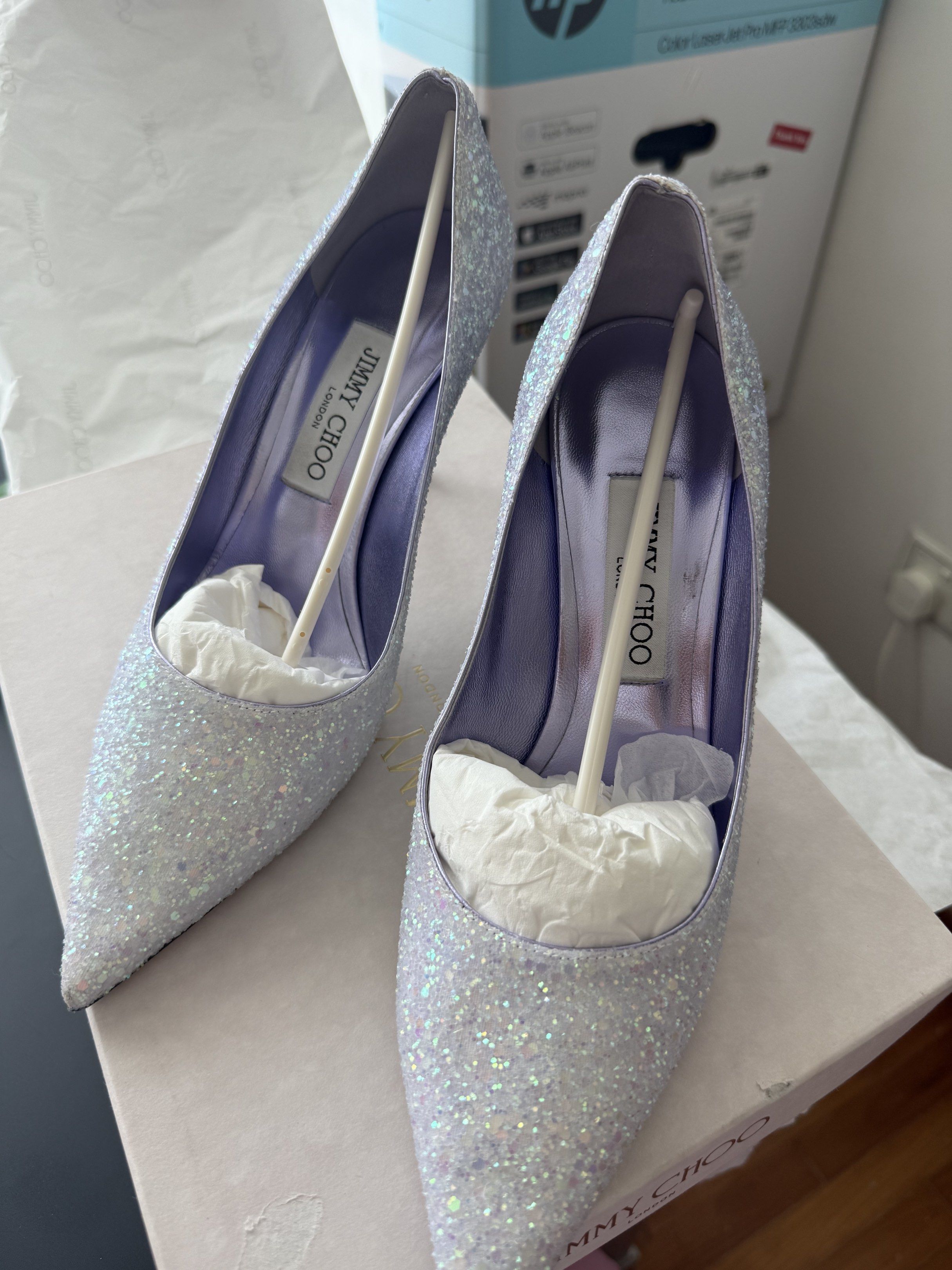Jimmy Choo Love 85 Glitter Heels (Category: Heels) located in Quezon City. Submitted by imgrace14 (Listing ID 1421160307, Image 2). Description: Im Selling my Wedding Shoes. Yes, Authentic and original from the Shop! Worn once only for 2 hrs only Size 39 All complete. Dustbag, paperbag, box, cards. Like new! Its pretty in person. Slightly nego but no low baller. .