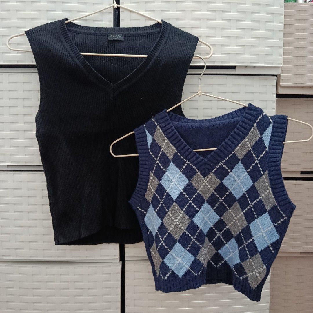 John Galt Black and Argyle knitted vest (Category: Sleeveless) located in Quezon City. Submitted by wornthisway_ (Listing ID 1421159825, Image 1). Description: 450 each, 700 bundle - Black ribbed knit vest (John Galt) - Blue and grey argyle patterned vest (no brand) - Both have a V-neck design. no when worn, rfs decluttering .