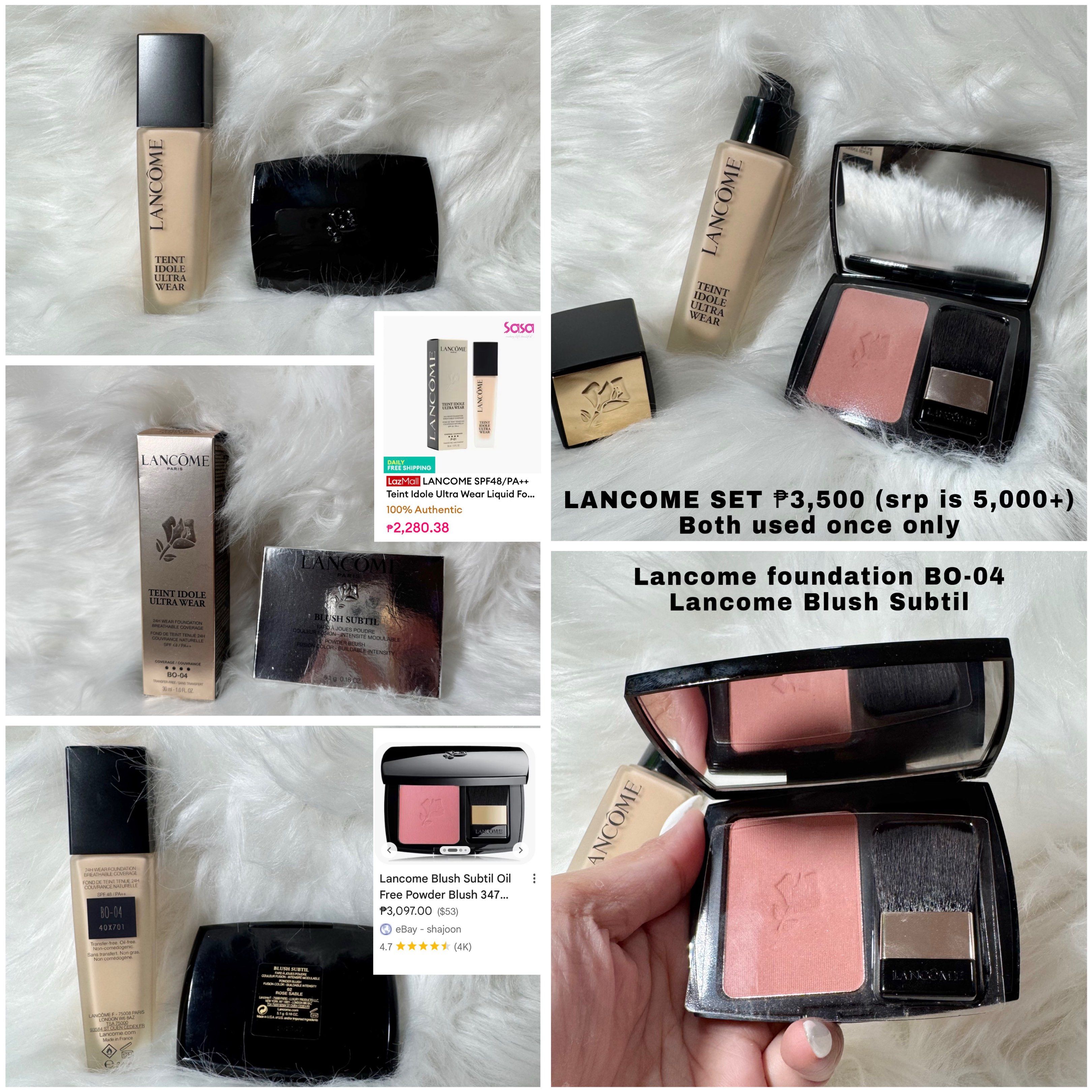 Lancome Foundation & Blush Set (Category: Makeup) located in Manila. Submitted by zannedeclutters (Listing ID 1421130314, Image 1). Description: ‼️‼️‼️PLEASE READ FIRST👇🏼 - Lancome makeup set includes: - Foundation (BO-04) - Blush Subtil - Used only once. - Original packaging included. - Selling Price: ₱3,500 (SRP ₱5,000+)..