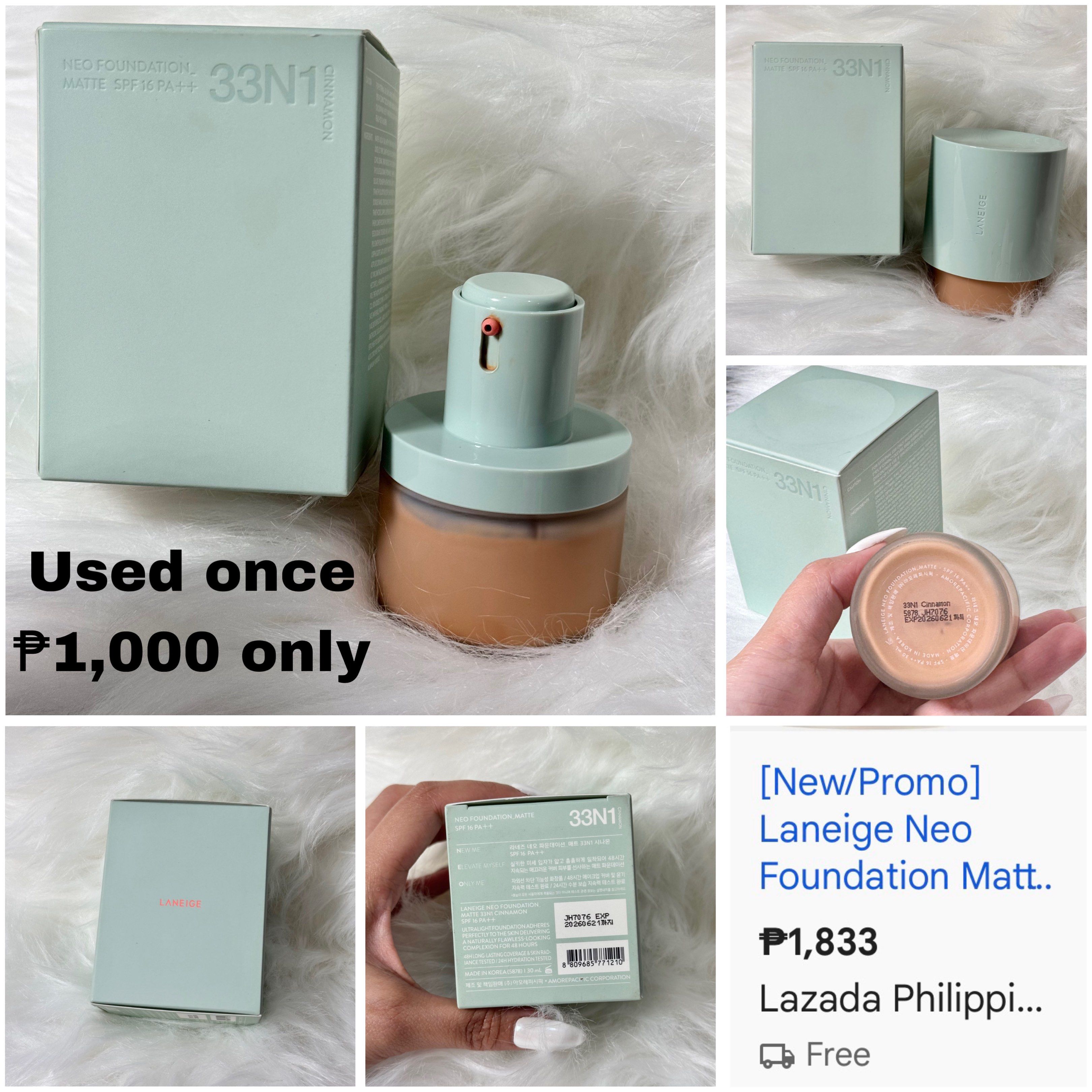 Laneige Neo Foundation Matte 33N1 (Category: Makeup) located in Manila. Submitted by zannedeclutters (Listing ID 1421131241, Image 1). Description: Laneige Neo Foundation Matte in shade 33N1. The product has been used once. The original price is P1,833. Selling for P1,000 only. Comes with the original box..