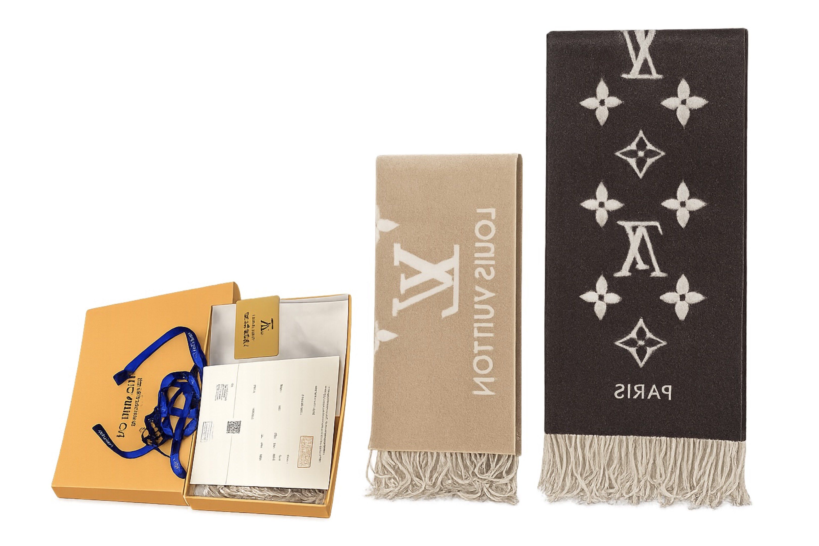 Louis Vuitton Monogram Shawl (Category: Luxury Accessories) located in San Pablo. Submitted by donaya_luxe (Listing ID 1421235773, Image 1). Description: - Authentic Louis Vuitton shawl - Iconic monogram pattern - Reversible design: beige and dark brown with white monogram - Fringed edges - Includes original box, ribbon, and receipts - Luxurious accessory.