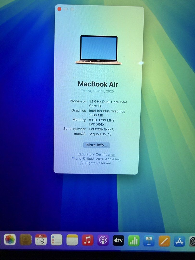 MacBook Air 2020 Retina 13-inch (Category: Laptops & Notebooks) located in Cotabato. Submitted by mean_lau (Listing ID 1421281246, Image 3). Description: - MacBook Air 2020 - Gold color - 13-inch Retina display - 1.1 GHz Dual-Core Intel Core i3 processor - Intel Iris Plus Graphics - 8GB memory - Runs macOS Sequoia PRICE IS STILL NEGOTIABLE! :).