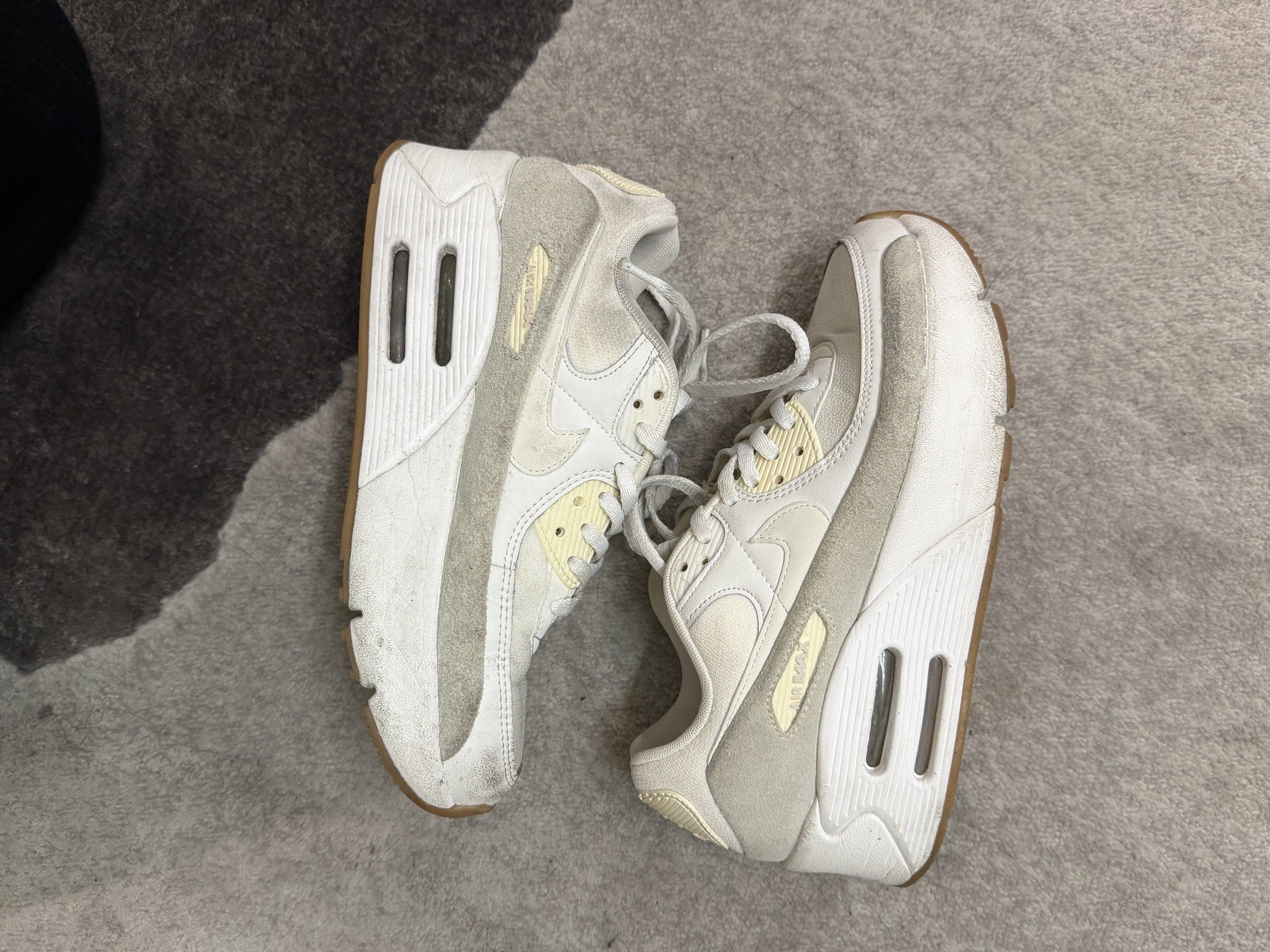 Nike Air Max 90 White Sneakers (Category: Sneakers) located in Pasig City. Submitted by milliedeluna (Listing ID 1421210198, Image 2). Description: Great condition Decluttering Platform Fits 7 to 8 / 7.5.