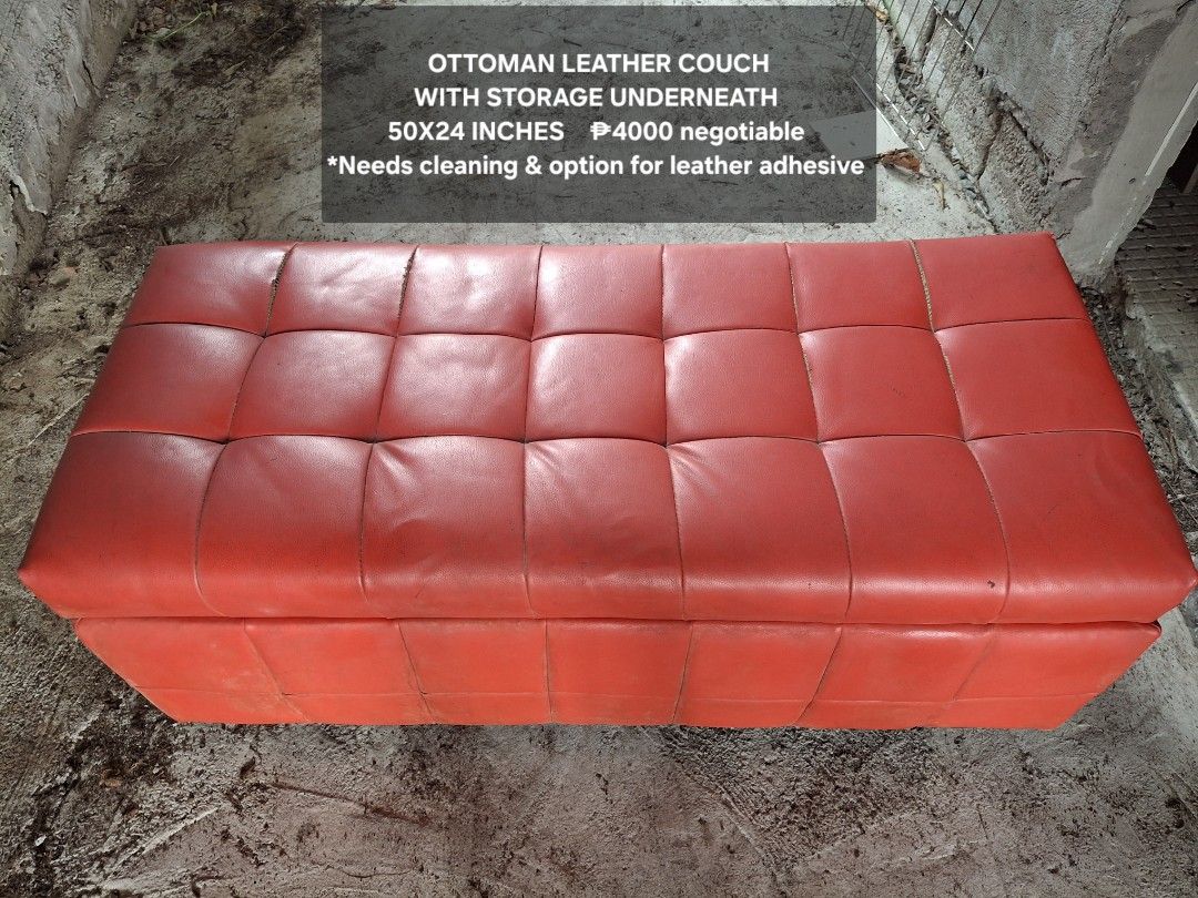 OTTOMAN RED LEATHER COUCH WITH STORAGE (Category: Sofas) located in Pasig City. Submitted by braveeagle-b500 (Listing ID 1421140529, Image 1). Description: MOVING OUT SALE! OTTOMAN LEATHER COUCH WITH STORAGE UNDERNEATH 50X24 INCHES ₱4000 negotiable *Needs cleaning & option for leather adhesive.