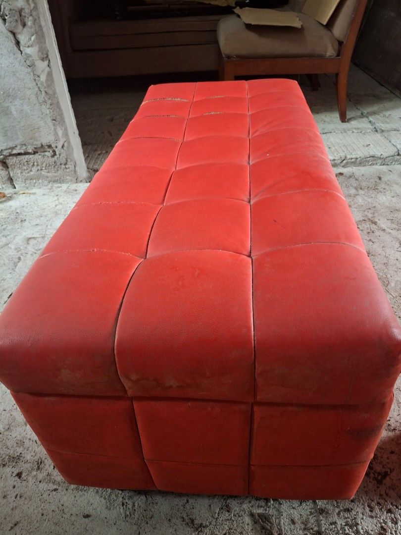 OTTOMAN RED LEATHER COUCH WITH STORAGE (Category: Sofas) located in Pasig City. Submitted by braveeagle-b500 (Listing ID 1421140529, Image 3). Description: MOVING OUT SALE! OTTOMAN LEATHER COUCH WITH STORAGE UNDERNEATH 50X24 INCHES ₱4000 negotiable *Needs cleaning & option for leather adhesive.