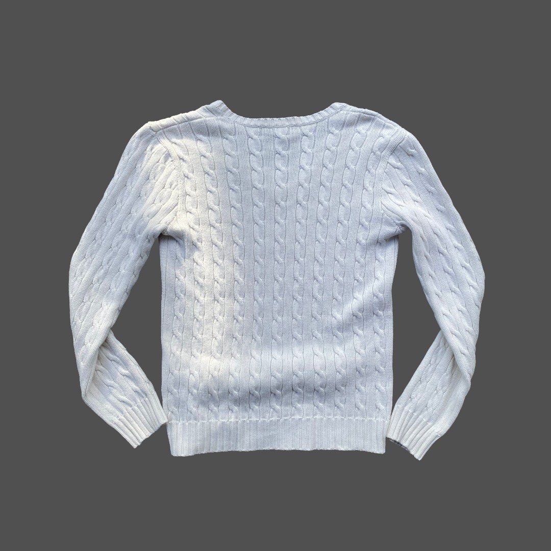 Ralph Lauren White Cable Knit V-Neck Sweater (Category: Coats, Jackets and Outerwear) located in Lubao. Submitted by bbyfleece (Listing ID 1421232299, Image 2). Description: Ralph Lauren White Cable Knit V-neck Sweater L on tag loose stitching of size tag 18 W 23 L .