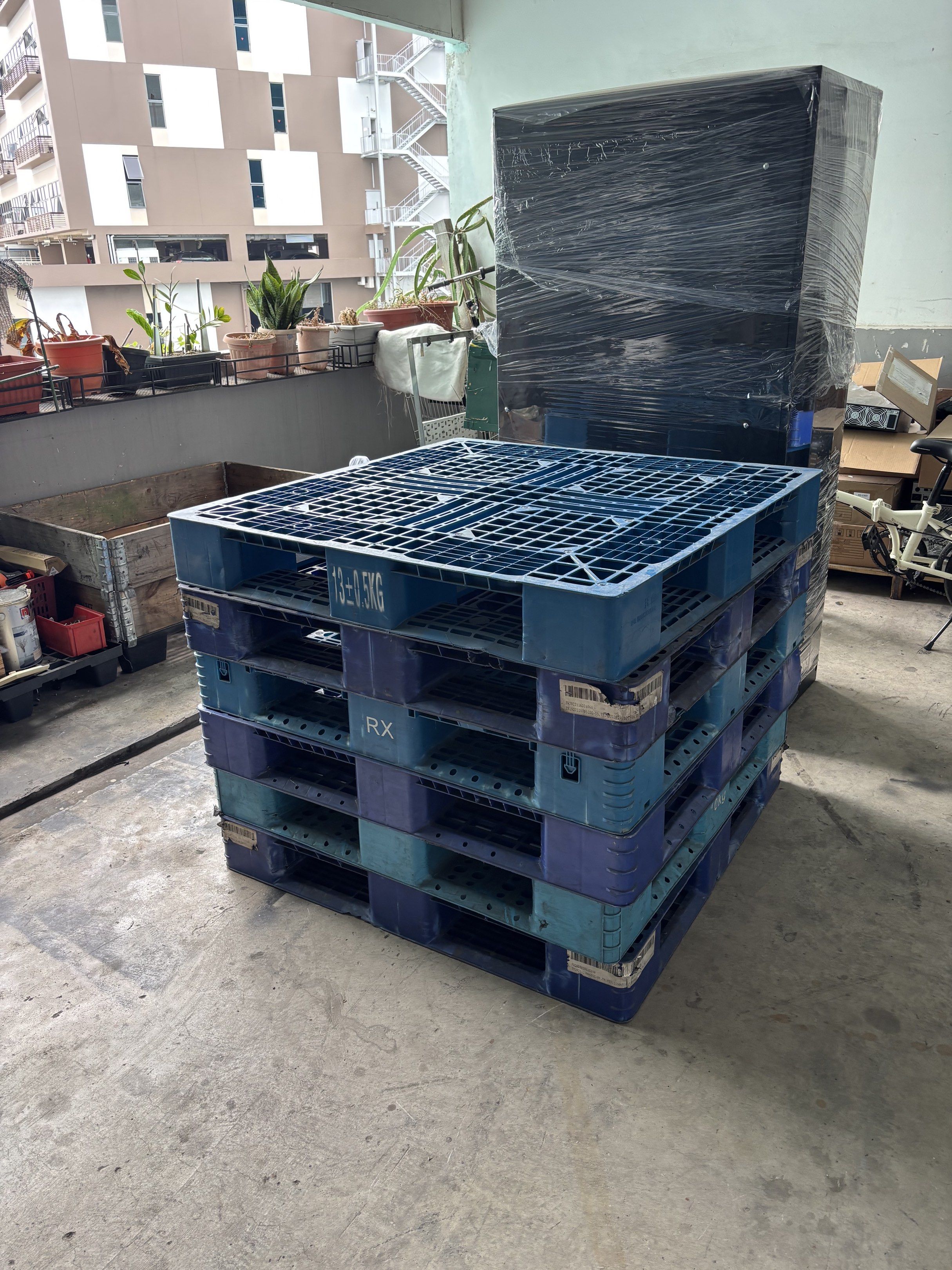 Stackable Plastic Pallets (Category: Home Improvement Tools & Accessories) located in Singapore. Submitted by wongtj (Listing ID 1421187713, Image 2). Description: Stack of durable, used plastic pallets. Great for various uses, from storage to DIY projects. They are stackable and ready for pickup. Please note that these are used pallets and may have signs of wear. Dimensions: 1100W x 1100D x 150H mm Estimated weight: ~13kg.