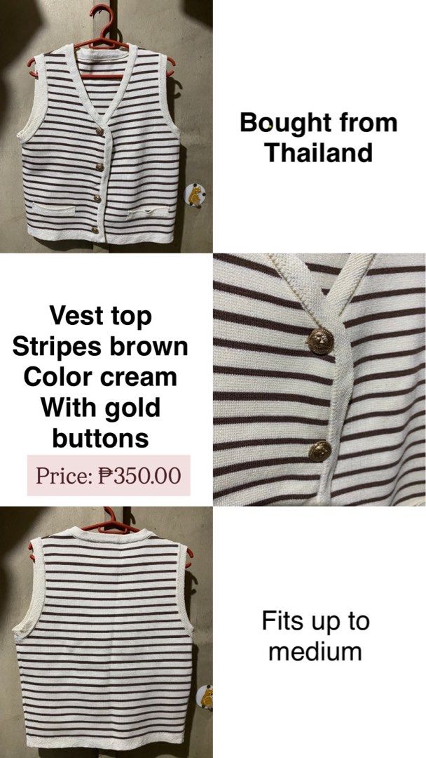 Striped Vest Top with Gold Buttons (Category: Sleeveless) located in Manila. Submitted by zaideasis (Listing ID 1421135880, Image 1). Description: - Cream and brown striped vest top - Gold buttons - V-neck design - Two small pockets - Fits up to medium size - Bought from Thailand SF c/o Buyer MOP: STRICTLY Bank Transfer ONLY - BDO/UB Loc: Pasig City.