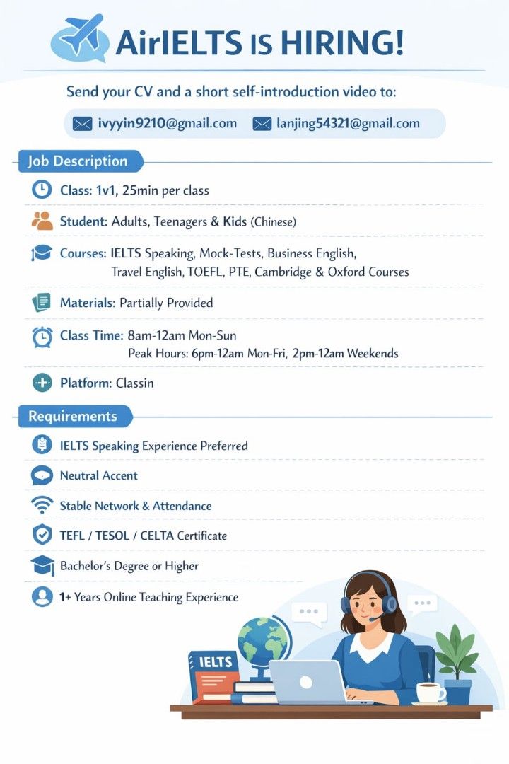 WFH-Online English Teacher (Category: Education & Training) located in Taytay. Submitted by yoonessanne (Listing ID 1421262771, Image 1). Description: 🔹 1-on-1 classes (25 mins) 🔹 Adult learners (mainly) + teens & kids 🔹 IELTS, TOEFL, PTE, Daily & Business English 🔹 Stable schedule & long-term cooperation Details in the image.
