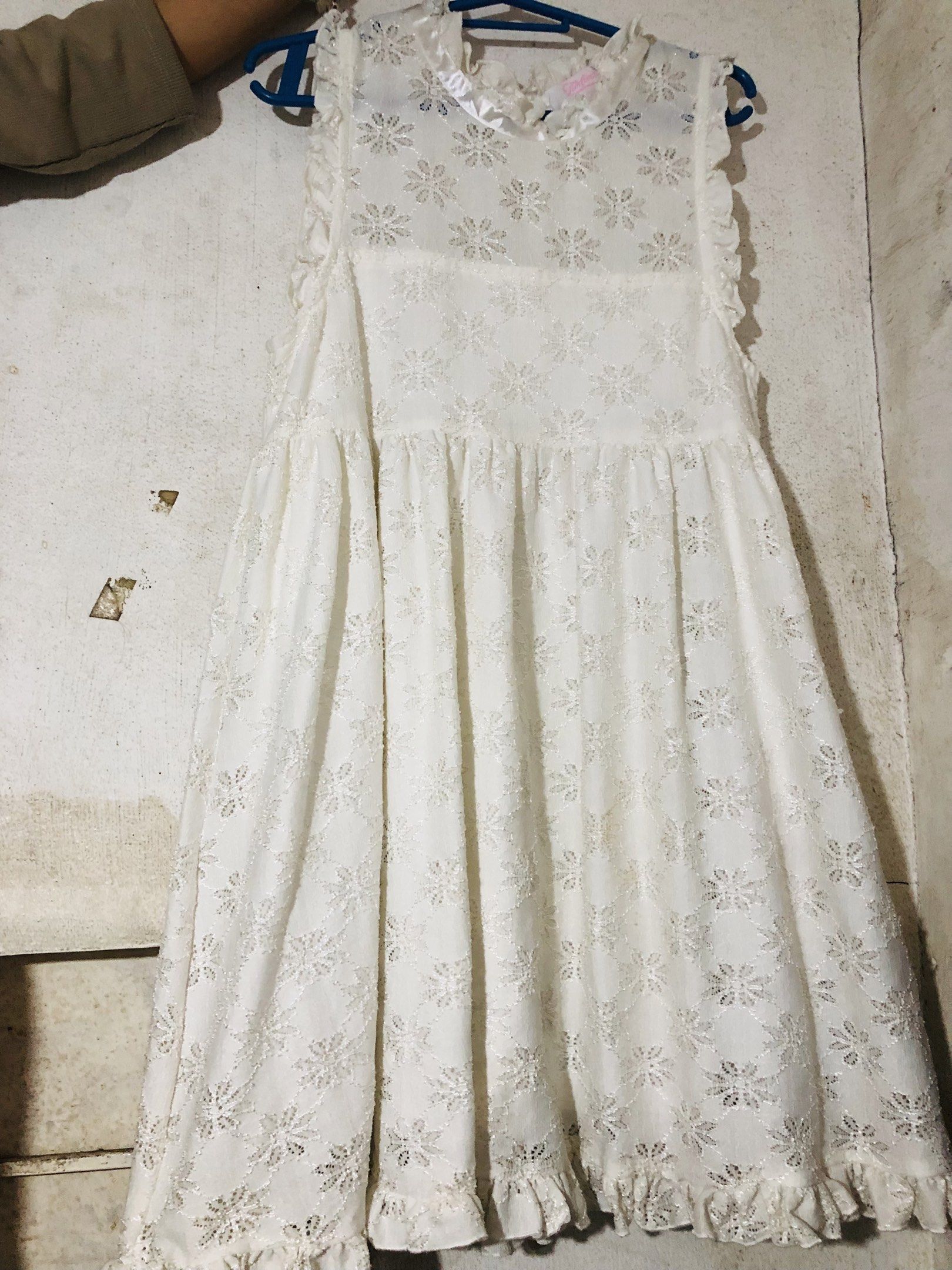 White Lace Dress (Category: Dresses) located in Pasay City. Submitted by declutterwifmeee (Listing ID 1421154807, Image 1). Description: - Tindimxxx white lace dress - Size: L but fits s-L po yan - Floral pattern - Ruffled hem - High neckline with button closure - Sleeveless - A-line silhouette.