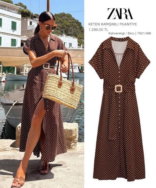 Zara Polka Dot Dress (Category: Dresses) located in Quezon City. Submitted by fesionguru (Listing ID 1421250086, Image 1). Description: - worn 3x - Zara polka dot dress - Size: L - Features: - Collared neckline - Short sleeves - Button-down front - Midi length - Side slit - Includes matching belt with gold-colored buckle - Made in Morocco.