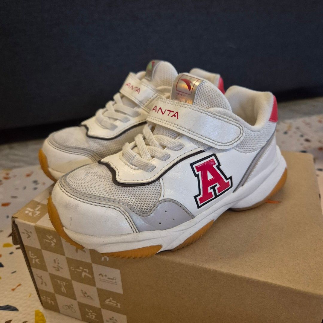 ANTA Kids Shoes Size 27 (Category: Babies & Kids Fashion) located in Paranaque City. Submitted by everydaymonday (Listing ID 1421362683, Image 1). Description: - ANTA kids shoes - Size 27 (US 10C) - Stylish white and gray design with red accents - Convenient velcro strap for easy wear - Comfortable cushioned sole - Includes original box.