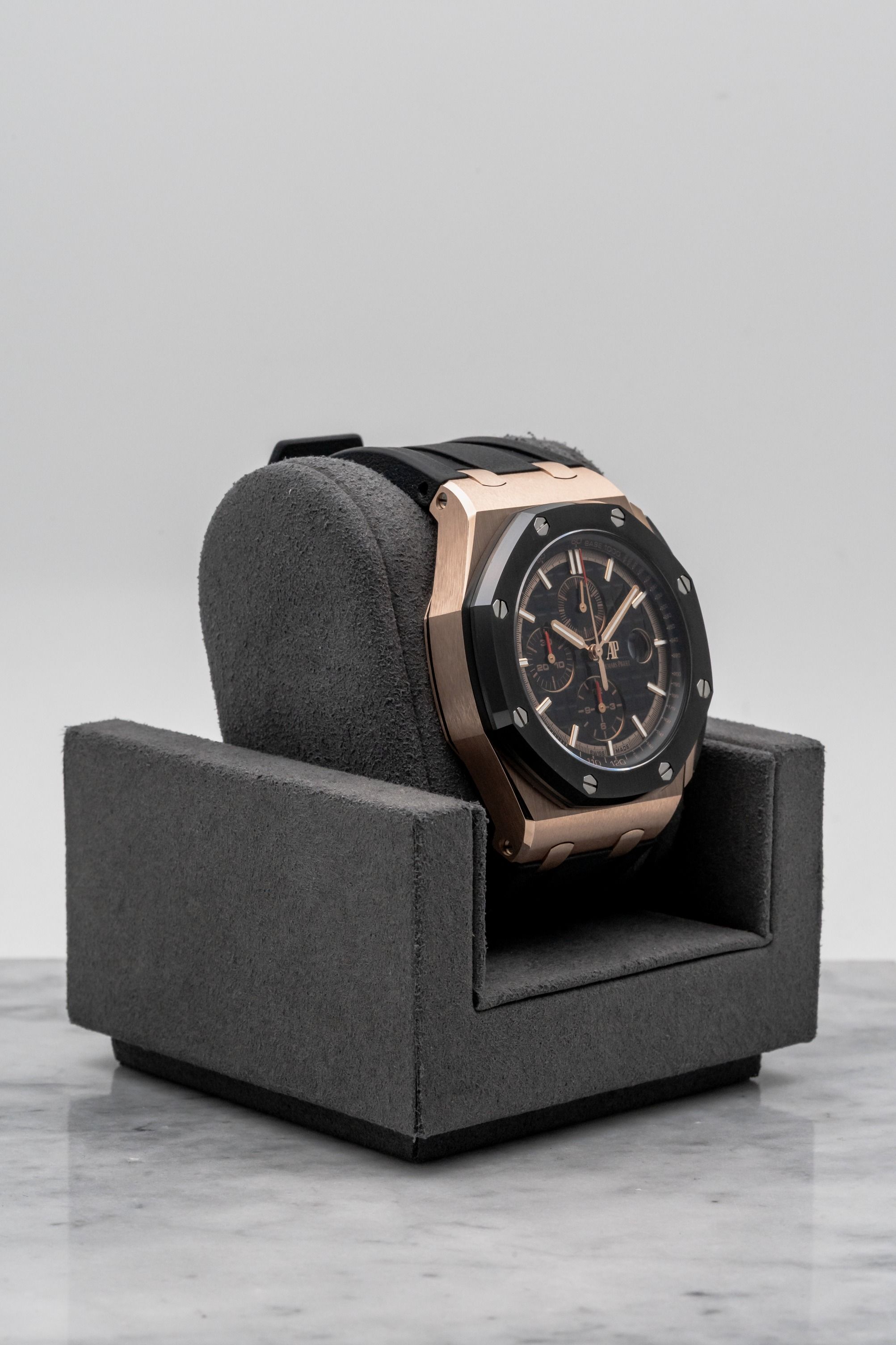 Audemars Piguet Royal Oak Offshore Chronograph 26401RO.OO.A002CA.02, Black Dial • Undated • 📦 & 📄 (Category: Watches) located in Singapore. Submitted by timetells (Listing ID 1421347989, Image 3). Description: Brand: Audemars Piguet Model: Royal Oak Offshore Chronograph Reference Number: 26401RO.OO.A002CA.02 Year: NA Case Size: 44 mm Case Material: 18K Rose Gold Dial: Black “Méga Tapisserie” Dial with Applied Rose Gold Hour Markers, Chronograph