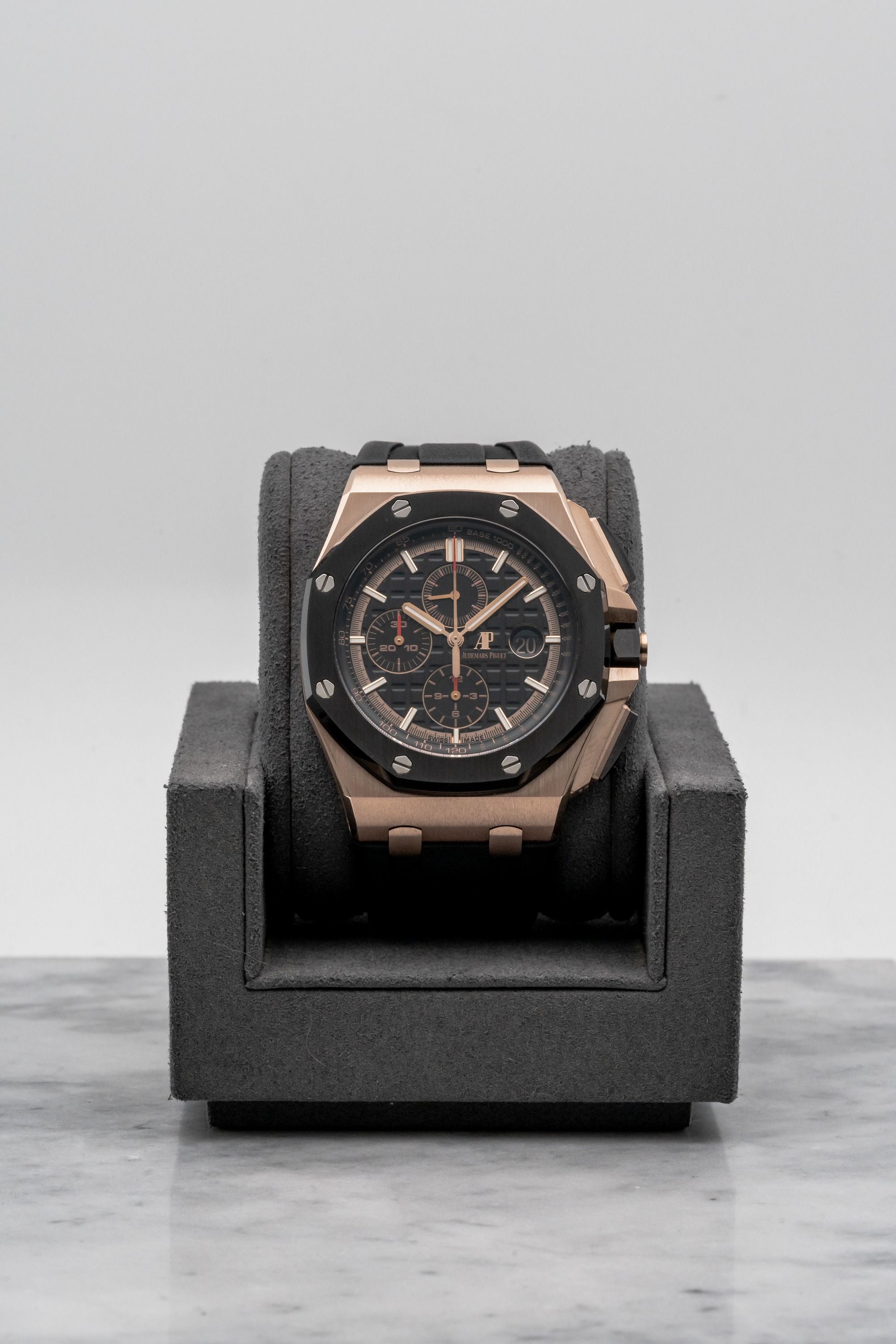 Audemars Piguet Royal Oak Offshore Chronograph 26401RO.OO.A002CA.02, Black Dial • Undated • 📦 & 📄 (Category: Watches) located in Singapore. Submitted by timetells (Listing ID 1421347989, Image 1). Description: Brand: Audemars Piguet Model: Royal Oak Offshore Chronograph Reference Number: 26401RO.OO.A002CA.02 Year: NA Case Size: 44 mm Case Material: 18K Rose Gold Dial: Black “Méga Tapisserie” Dial with Applied Rose Gold Hour Markers, Chronograph