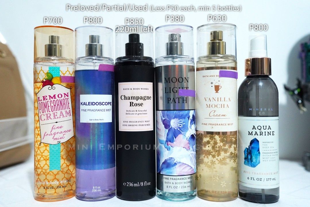 Bath & Body Works Fine Fragrance Mist - Assorted (Category: Fragrance & Deodorants) located in Baguio. Submitted by essie_ (Listing ID 1421439625, Image 1). Description: Preloved Bath & Body Works fine fragrance mists. Available scents include Lemon Pomegranate Cream & Vanilla Mocha Cream. Prices are indicated in the image. Less P50 each if you buy a minimum of 6 bottles..