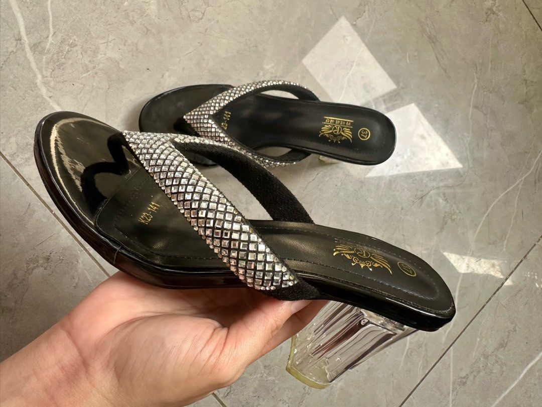 Black Rhinestone Thong Sandals - Size 37 (Category: Flats & Sandals) located in Manila. Submitted by AngelResty (Listing ID 1421310755, Image 3). Description: - Black thong sandals - Rhinestone embellishments - Clear block heel - Size 37 - Excellent sole condition - Ideal for parties and special occasions.