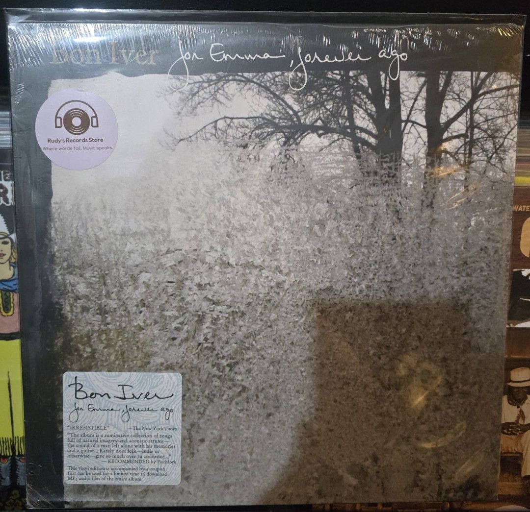 Bon Iver - For Emma, Forever Ago Vinyl Record (Category: Vinyls) located in Manila. Submitted by rudysrecordsstore (Listing ID 1421324543, Image 1). Description: - Bon Iver's vinyl record - Sealed in original packaging - Features grayscale winter scene cover art - Purchased from Rade's Record Store - Includes original sticker with album details.
