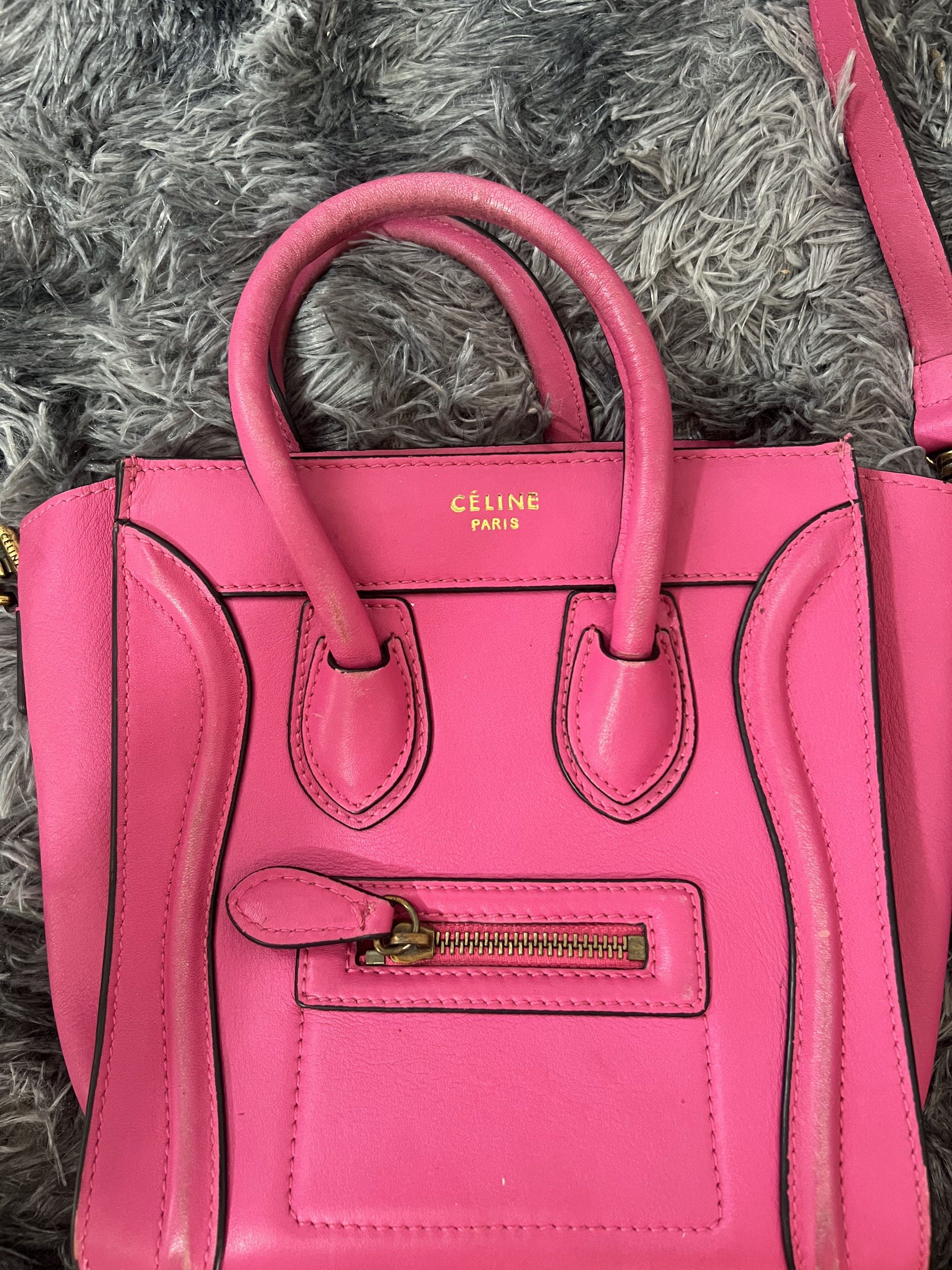 Celine Nano Luggage Bag - Pink (Category: Luxury Bags & Wallets) located in Sorsogon. Submitted by lunaticbaby (Listing ID 1421341281, Image 3). Description: - Celine Nano Luggage Bag - Vibrant pink color - Top handle and detachable shoulder strap - Front zipper pocket - Spacious interior - Celine logo detail - Gold-tone hardware - Zipper closure - Made in Italy.