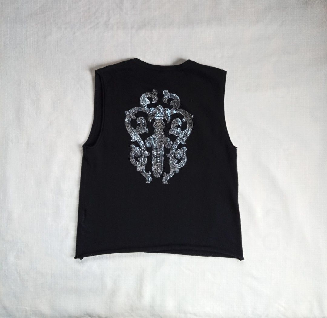 Chrome hearts rhinestone dagger cashmere vest (Category: Vests) located in Bagabag. Submitted by thrift_stories96 (Listing ID 1421431075, Image 1). Description: Chrome hearts rhinestone dagger cashmere vest Unisex fitment Mens small to medium Womens medium to large Length - 21 Width - 17.5 stretch up to 19 Condition - excellent No flaw.