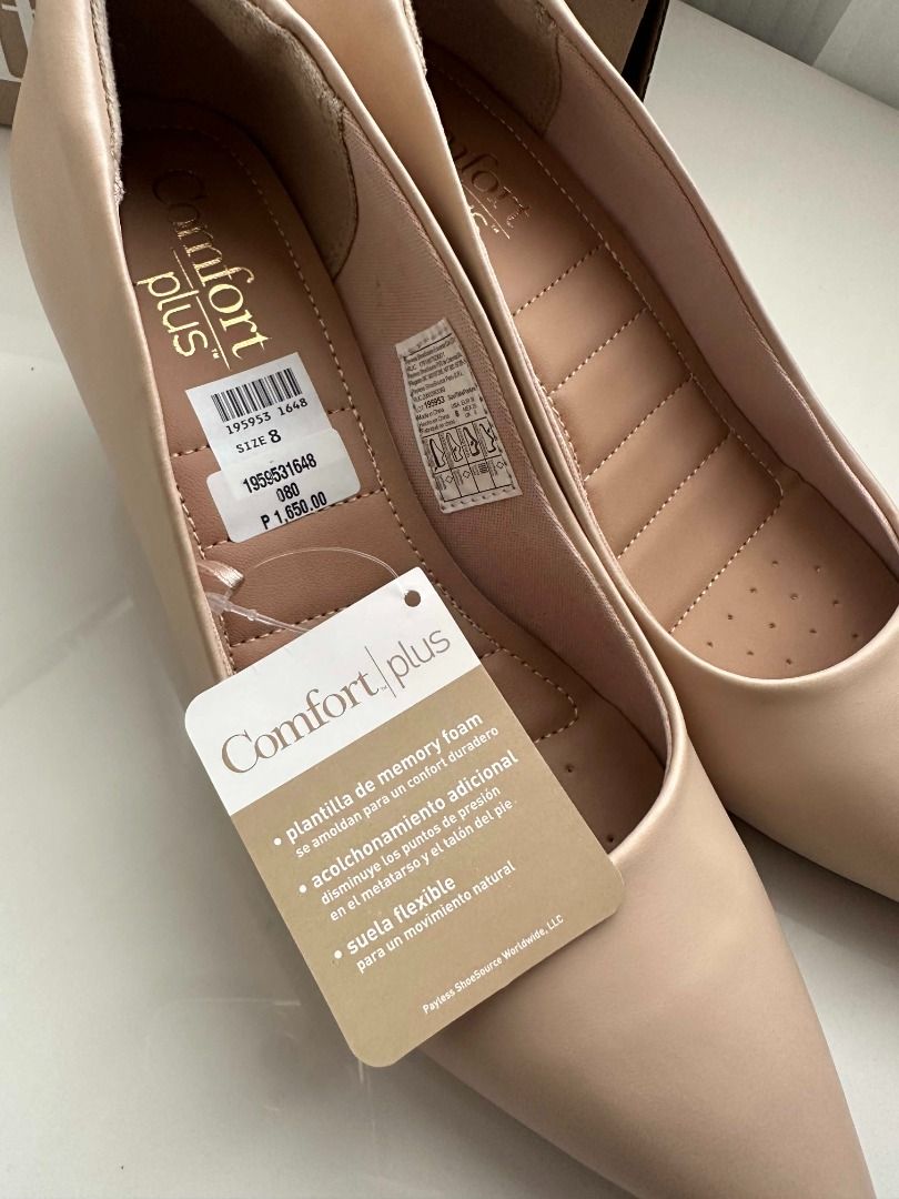 Comfort Plus Pointed Heels KOMFY Nude Size 8 (Category: Heels) located in Makati City. Submitted by unload2reload_ (Listing ID 1421320901, Image 2). Description: Comfort Plus KOMFY NUDE pointed heels in size 8 with a memory foam insole for added comfort. The original price tag is still attached, showing a price of ₱1,650.00. RFS: Wrong Size MOP: COD, Cash, GCash, Maya PM for faster transaction For pick-up or delivery via Grab/AngkasLalamove (SF c