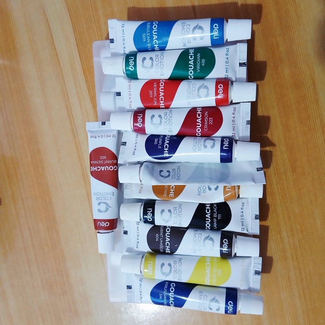 Deli Color Emotion Gouache Paint Set (Category: Art & Prints) located in Caloocan City. Submitted by satgowjow (Listing ID 1421316580, Image 2). Description: Disclaimer: colors Tinatium White and Yellow Ochre are almost out, as you can see in the picture (malapit na maubos) hence the inexpensive price Set includes 12 pcs Deli Color Emotion gouache paint tubes. Colors include Crimson 223, Viridian 418, Cerulean Blue 509, Lemon Yellow 305, Lamp Bla